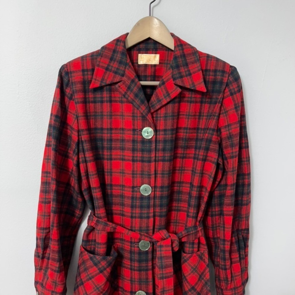 Vintage 1940s 50s Pendleton Wool Robe Dress Red Plaid Belted Pockets - Picture 2 of 13